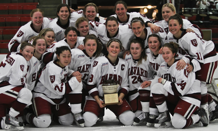 Harvard Women Celebrate Beanpot Title Lisa Ryabkina Celebrates (Photo courtesy: Kevin Burns)